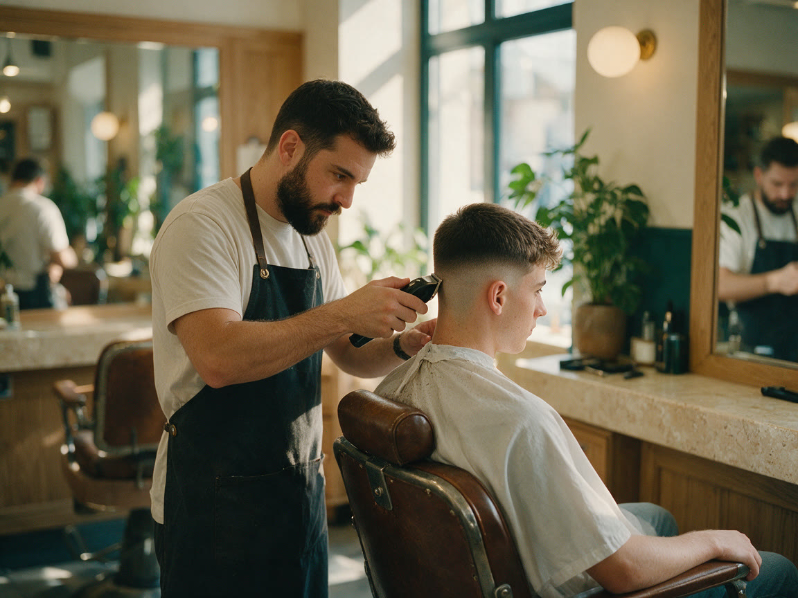 Barbero haciendo un degradado con la máquina a un cliente