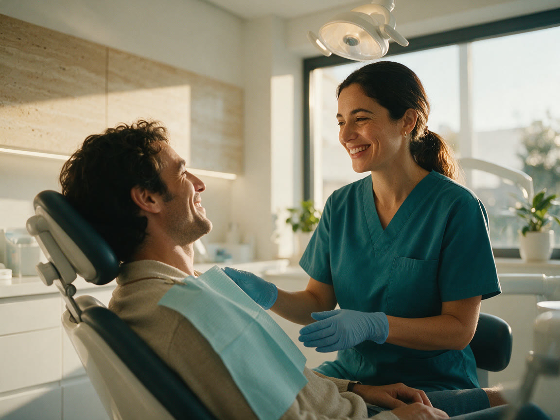 Dentista hablando con un paciente sonriente en la clínica