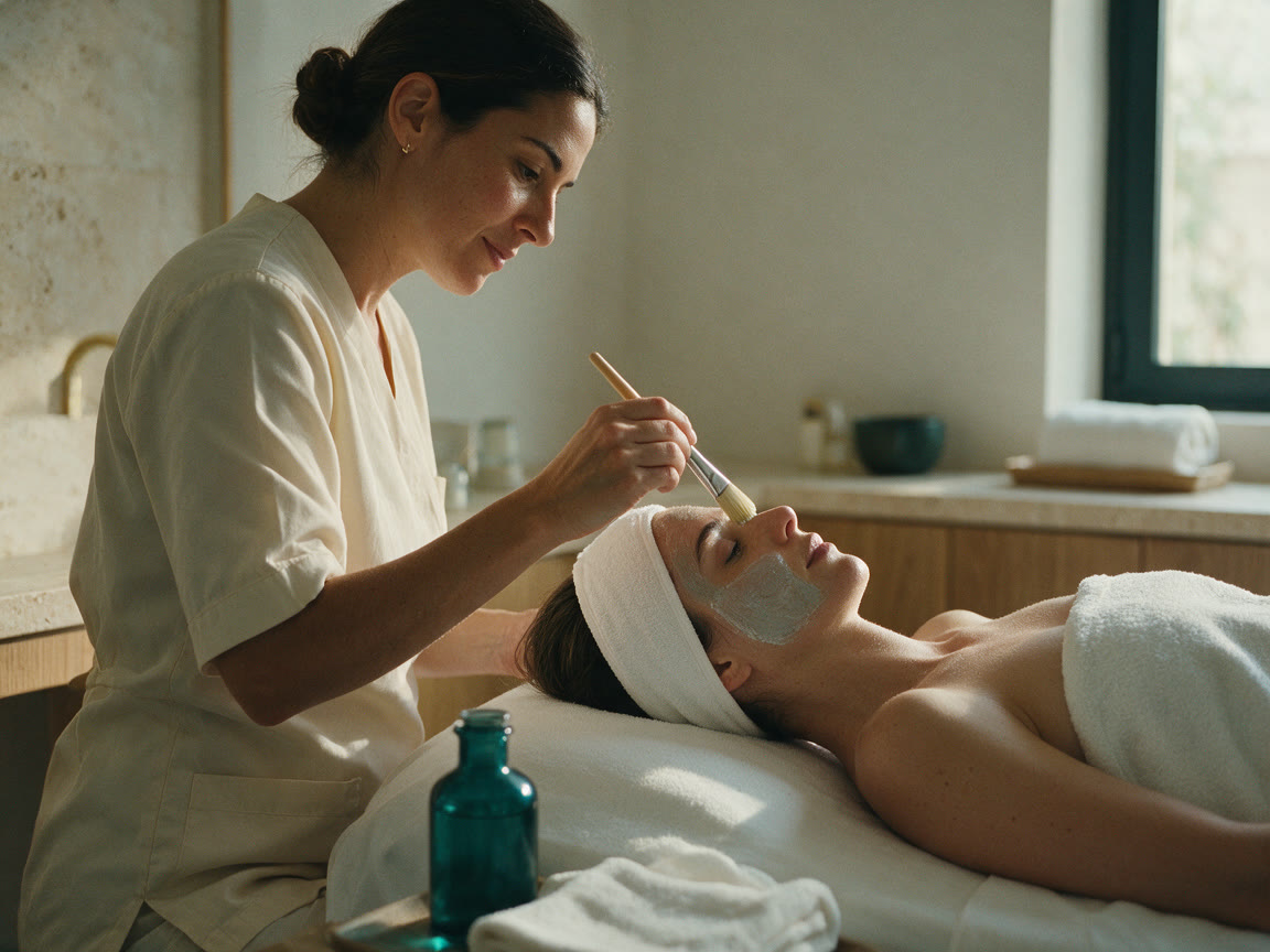 Esteticista aplicando una mascarilla facial en cabina