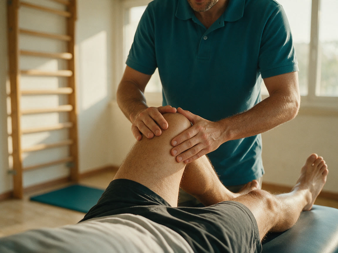 Fisioterapeuta tratando la rodilla de un paciente